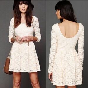 Free People Long Sleeve Pink Cream Lace Boho Dress Size S Coquette Cottagecore
